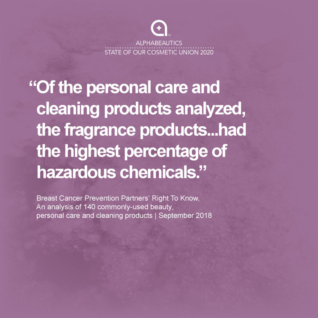 "Of the personal care and cleaning products analyzed, the fragrance products...had the highest percentage of hazardous chemicals." - Breast Cancer Prevention Partners' Right To Know, Analysis of 140 commonly-used beauty products, Sept 2018