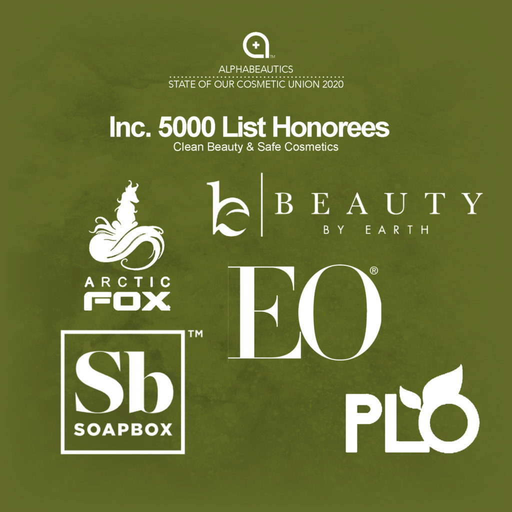 As consumers become more cosmetic conscious, clean, natural and organic cosmetic manufacturers are becoming Inc. 500 and Inc. 5000 honorees in volume: Arctic Fox, Beauty By Earth, SB SoapBox SoapBox Soaps, EO, PLO