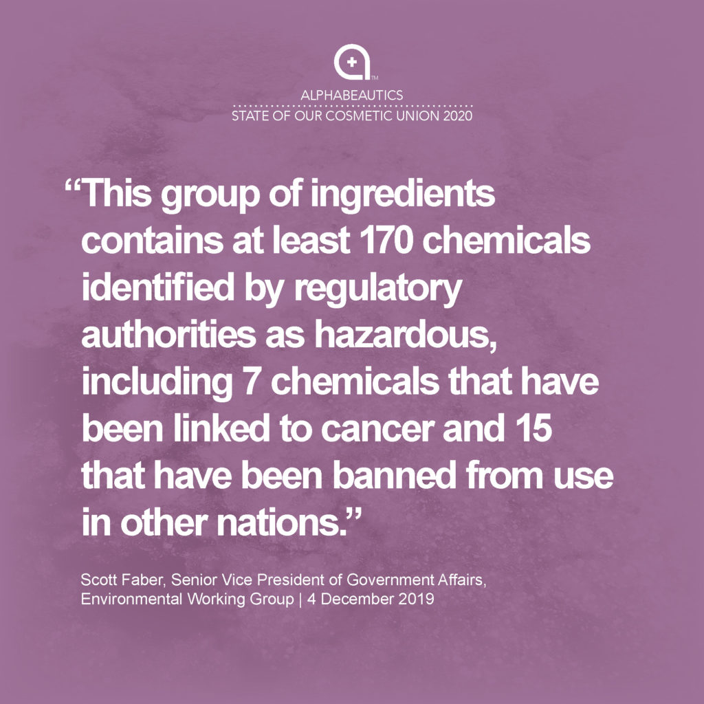 "This group of ingredients contains at least 170 chemicals identified by regulatory authorities as hazardous, (Ref 21) including seven chemicals that have been linked to cancer and 15 that have been banned from use in other nations." - Scott Faber