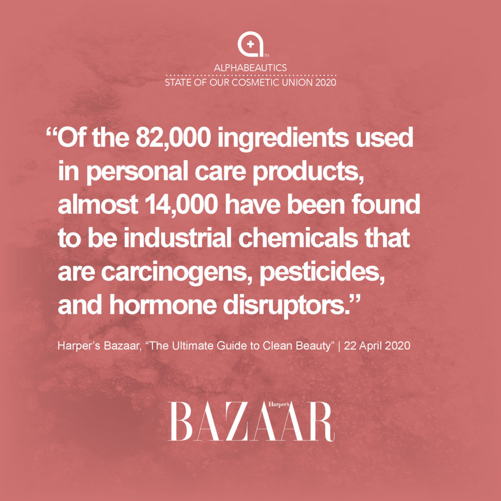 “Of the 82,000 ingredients used in personal care products, almost 14,000 have been found to be industrial chemicals that are carcinogens, pesticides, and hormone disruptors.” — Harper’s Bazaar, “The Ultimate Guide to Clean Beauty, 22 April 2020