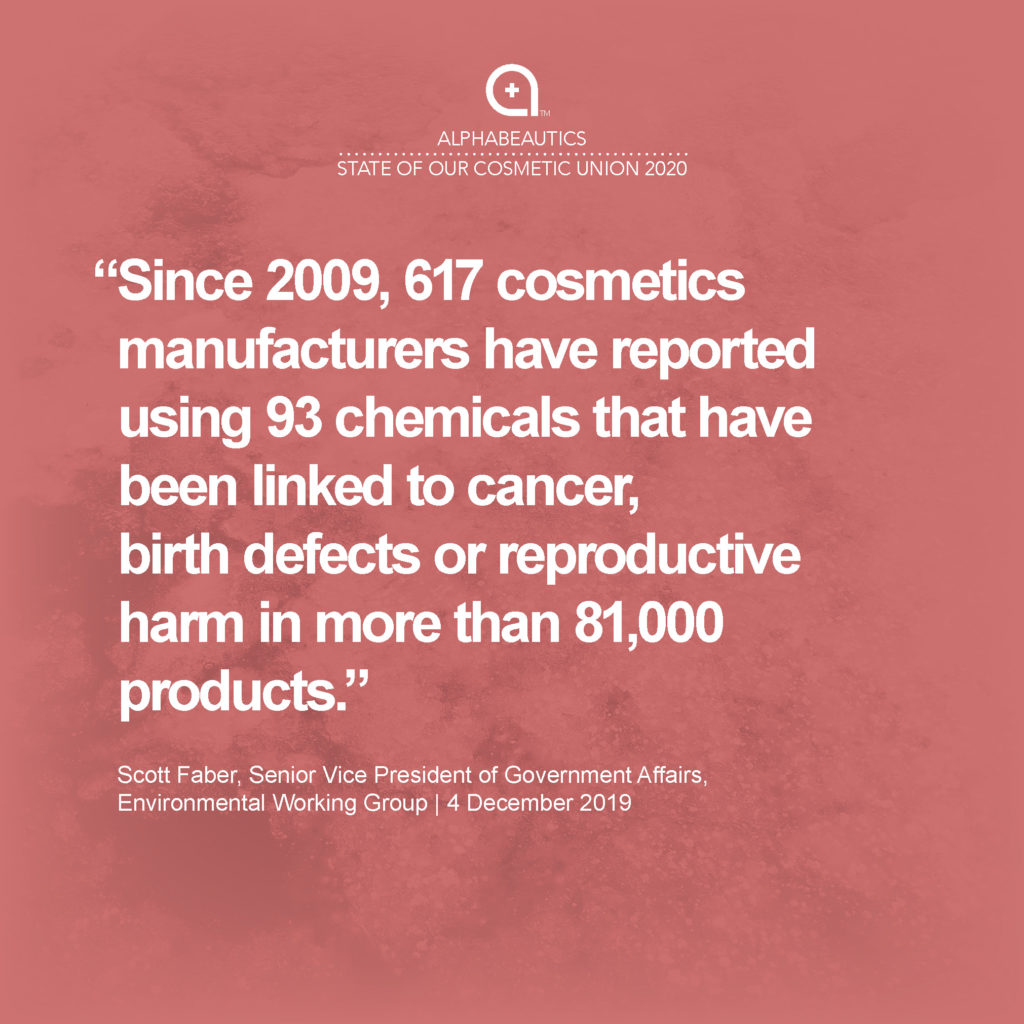 “Since 2009, 617 cosmetics manufacturers have reported using 93 chemicals that have been linked to cancer, birth defects or reproductive harm in more than 81,000 products.” - Scott Faber, Senior Vice President, Government Affairs, Environmental Working Group